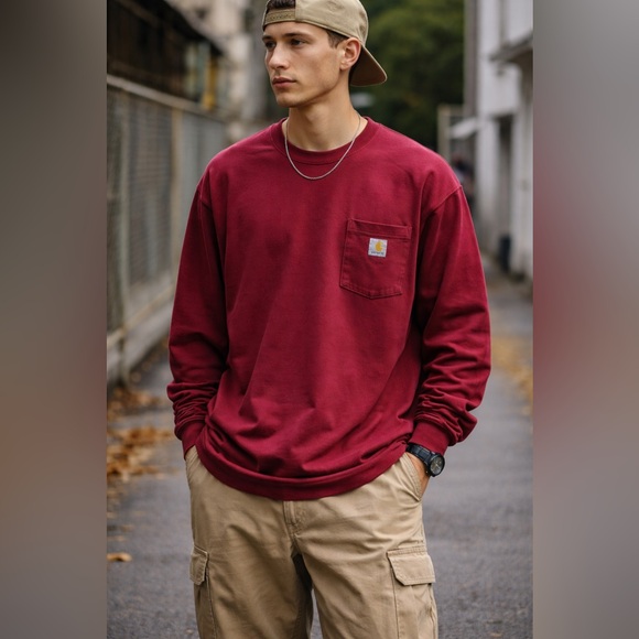 Carhartt Other - Carhartt K126 Long Sleeve T-Shirt XL Burgundy Workwear Cotton Heavyweight Pocket